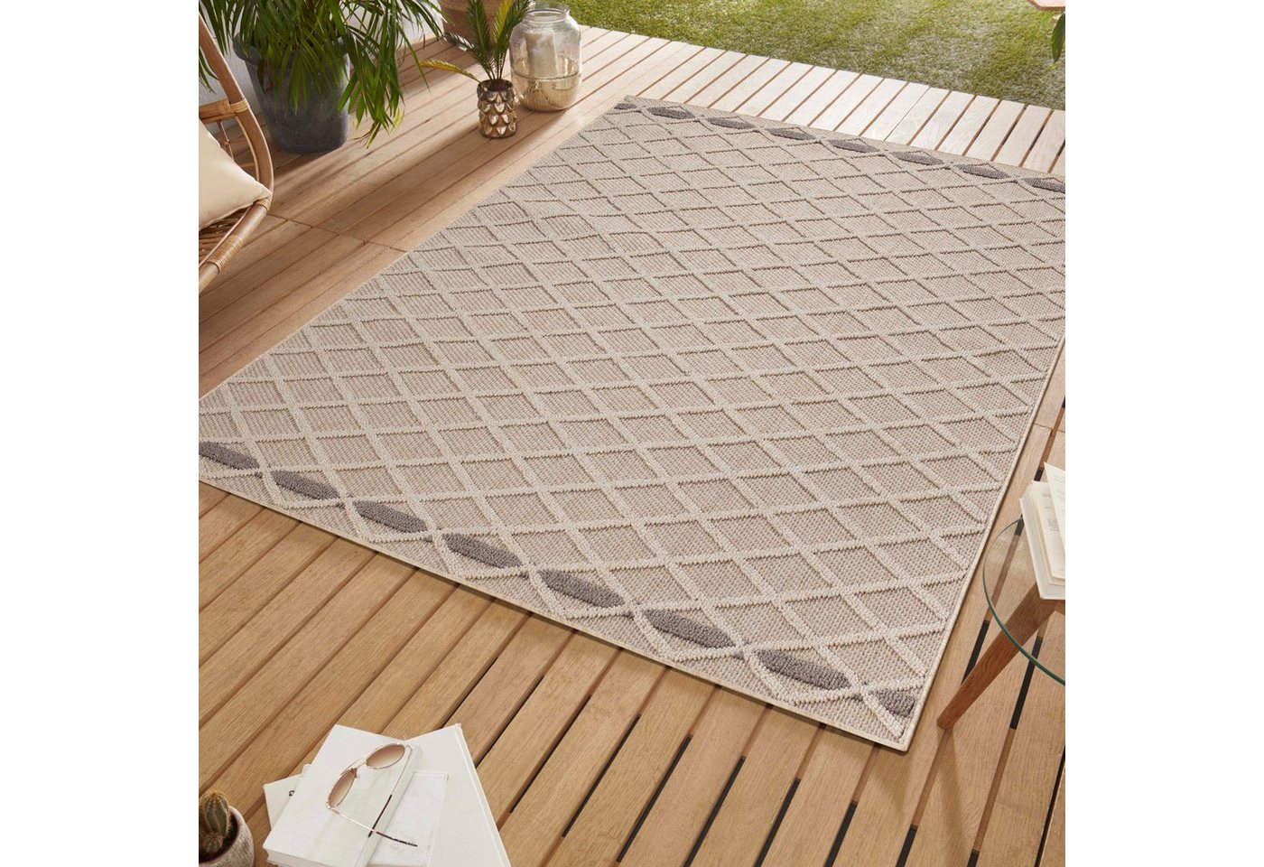 Outdoorteppich Rauten Design, SIMPEX24, Läufer, Höhe: 8 mm, In& Outdoor Teppich Beige Rauten Design für Küchen Balkon Terrasse von SIMPEX24