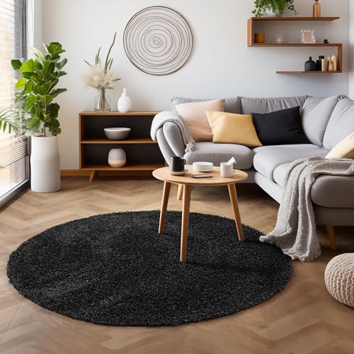 SIMPEX Flauschiger Teppich Wohnzimmer Schlafzimmer Läufer Flur Esszimmer Küchenteppich Hochflor Einfarbig Modernes Design 30 mm Florhöhe Kuschelweich, Anthrazit, 120 cm Rund von SIMPEX