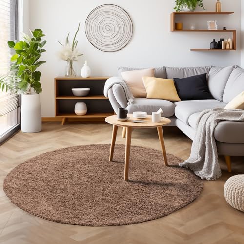 SIMPEX Flauschiger Teppich Wohnzimmer Schlafzimmer Läufer Flur Esszimmer Küchenteppich Hochflor Einfarbig Modernes Design 30 mm Florhöhe Kuschelweich, Mokka, 120 cm Rund von SIMPEX