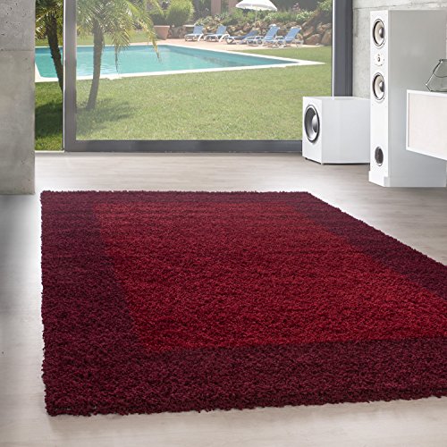 SIMPEX Teppich Wohnzimmer Shaggy Moderne Bordüre Design Rot 300 x 400 cm - Hochflor Teppich Schlafzimmer Extra Weich und Pflegeleicht - Flauschiger Teppich Langflor für Küche Carpet Living Room von SIMPEX