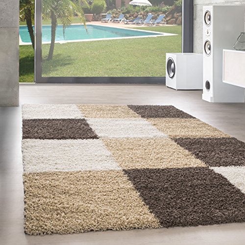 SIMPEX Teppich Wohnzimmer Shaggy Moderne Kariert Design Mokka 160 x 230 cm - Hochflor Teppich Schlafzimmer Extra Weich und Pflegeleicht - Flauschiger Teppich Langflor für Küche Carpet Living Room von SIMPEX