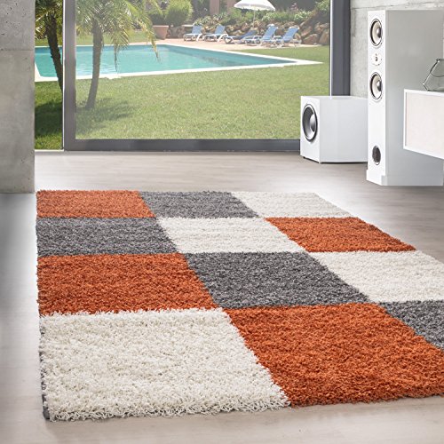 SIMPEX Teppich Wohnzimmer Shaggy Moderne Kariert Design Terrakotta 160 x 230 cm - Hochflor Teppich Schlafzimmer Extra Weich und Pflegeleicht - Flauschiger Teppich Langflor für Küche Carpet Living Room von SIMPEX