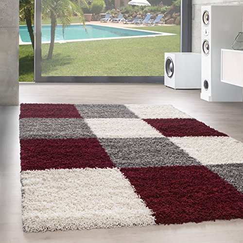 SIMPEX Teppich Wohnzimmer Shaggy Moderne Kariert Design Rot 160 x 230 cm - Hochflor Teppich Schlafzimmer Extra Weich und Pflegeleicht - Flauschiger Teppich Langflor für Küche Carpet Living Room von SIMPEX