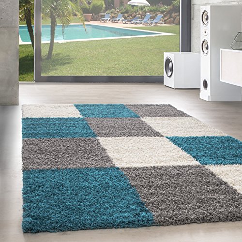 SIMPEX Teppich Wohnzimmer Shaggy Moderne Kariert Design Türkis 160 x 230 cm - Hochflor Teppich Schlafzimmer Extra Weich und Pflegeleicht - Flauschiger Teppich Langflor für Küche Carpet Living Room von SIMPEX