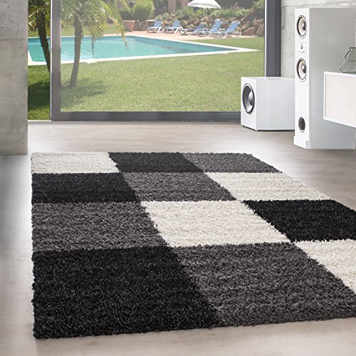 SIMPEX Teppich Wohnzimmer Shaggy Moderne Kariert Design Schwarz 80 x 150 cm Läufer Flur - Hochflor Teppich Schlafzimmer Extra Weich und Pflegeleicht - Flauschiger Teppich Langflor für Küche Rug Halı von SIMPEX