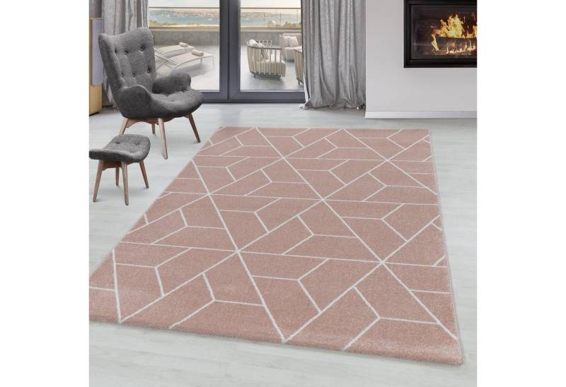 SIMPEX24 Teppich Geometrisch Design, Läufer, Höhe: 10 mm, Kurzflor Teppich Geometrisch Design Rosa Teppich Wohnzimmer von SIMPEX24