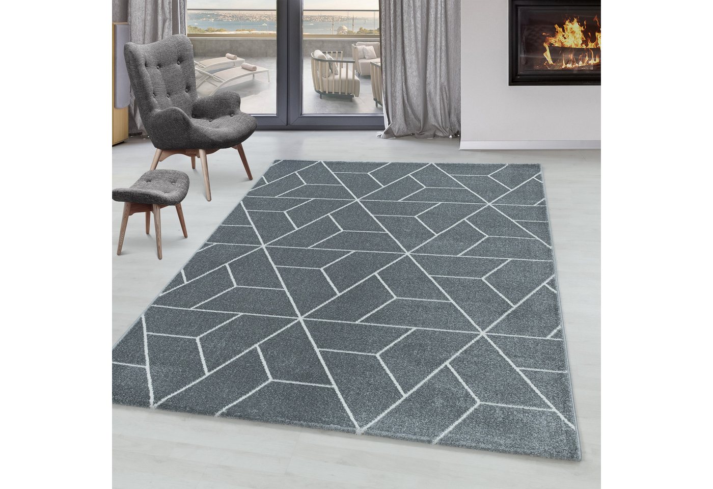 SIMPEX24 Teppich Geometrisch Design, Rechteckig, Höhe: 10 mm, Kurzflor Teppich Geometrisch Design Grau Teppich Wohnzimmer SIMPEX24 Teppich Geometrisch Design, Rechteckig, Höhe: 10 mm, Kurzflor Teppich Geometrisch Design Grau Teppich Wohnzimmer von SIMPEX24