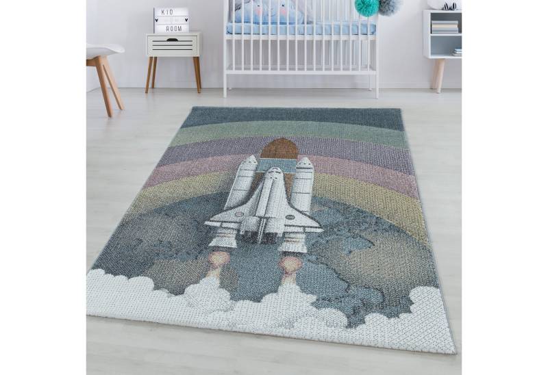 SIMPEX24 Teppich Weltraumrakete Design, Rechteckig, Höhe: 11 mm, Kinderteppich Weltraumraketen Design Pflegeleicht Teppich Kinderzimmer von SIMPEX24