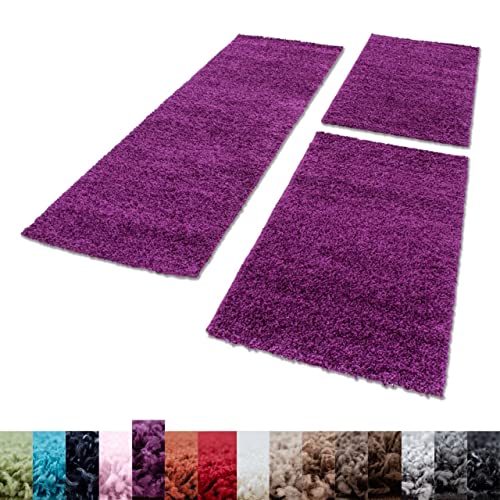 Unbekannt Shaggy Hochflor Teppich Carpet 3TLG Bettumrandung Läufer Set Schlafzimmer Flur, Farbe:Lila, Bettset:2x80x150+1x80x250 von Unbekannt