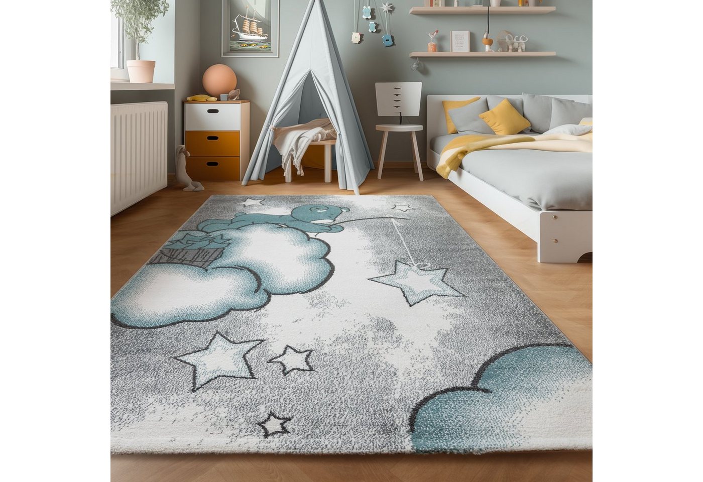 Teppich Bär Design, SIMPEX24, Läufer, Höhe: 11 mm, Kinderteppich Bär-Design Blau Baby Teppich Kinderzimmer Pflegeleicht von SIMPEX24