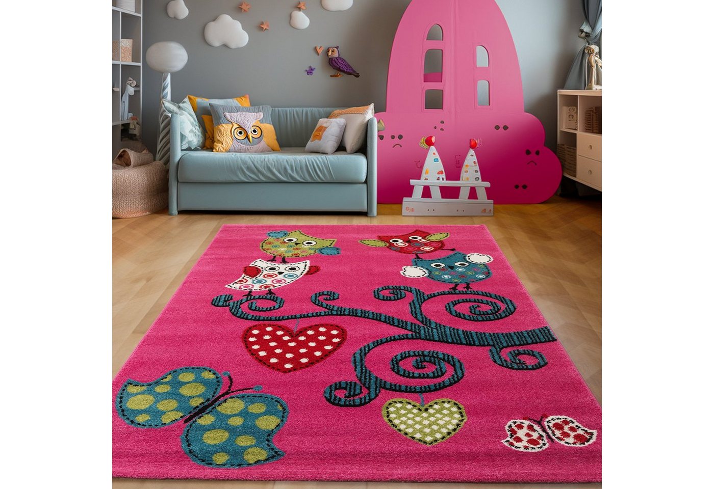 Teppich Eulen-Design, SIMPEX24, Rund, Höhe: 11 mm, Kinderteppich Eule-Design Baby Teppich Kinderzimmer Pflegeleicht von SIMPEX24