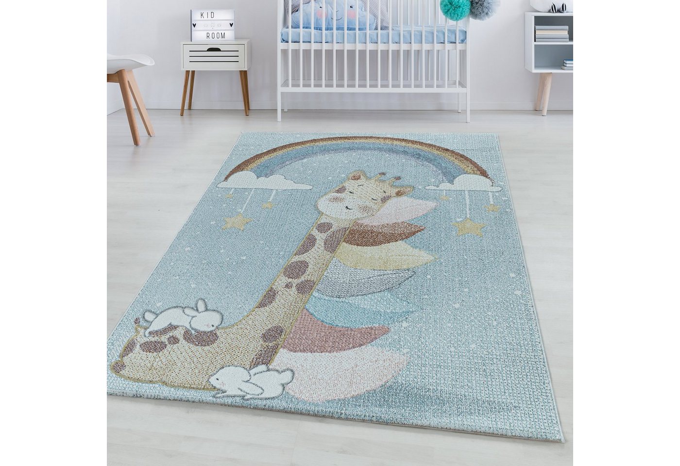 Teppich Giraffen-Design, SIMPEX24, Läufer, Höhe: 9 mm, Kinderteppich Giraffe-Design Blau Pflegeleicht Teppich Kinderzimmer von SIMPEX24