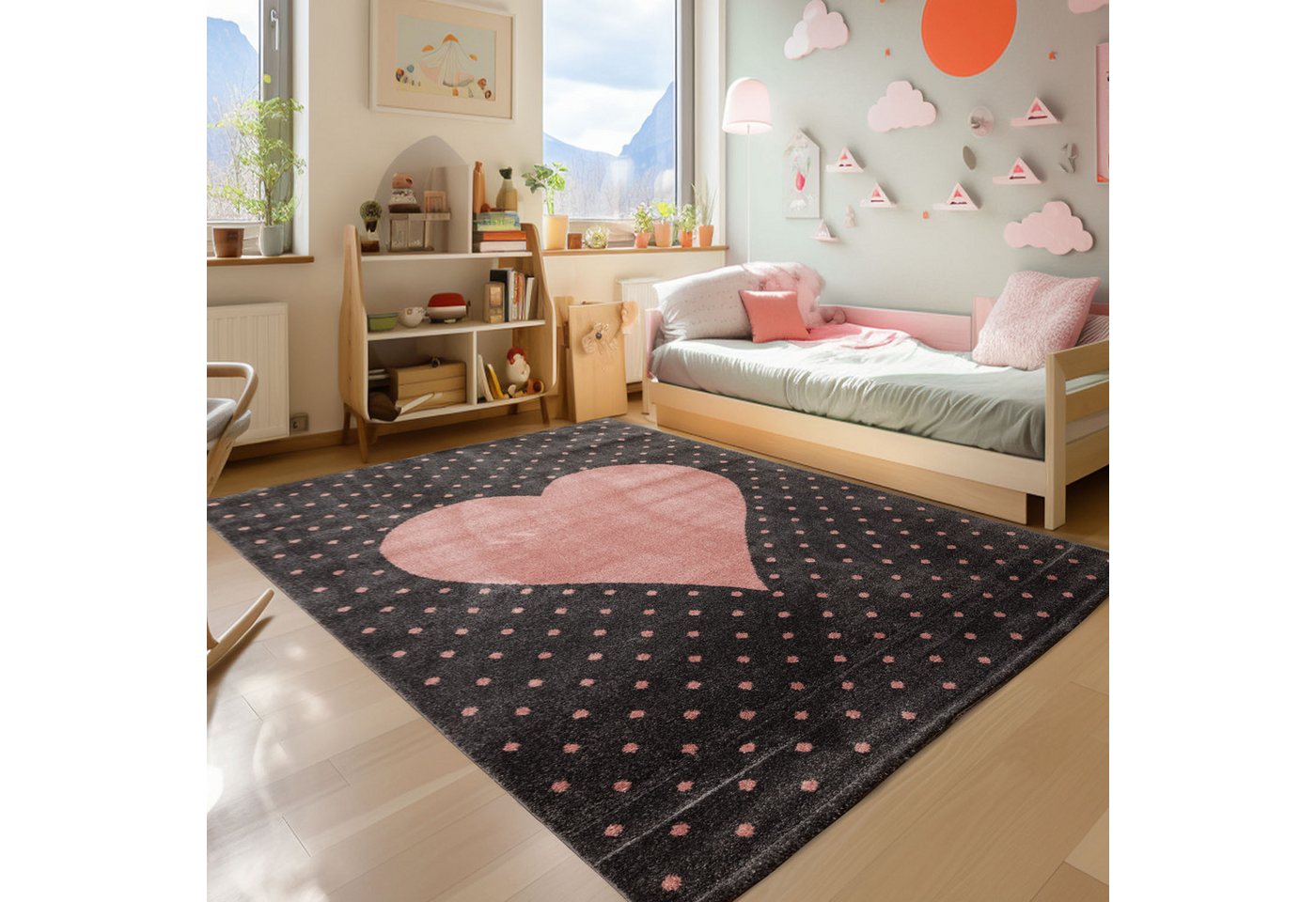 Teppich Herz-Design, SIMPEX24, Rechteckig, Höhe: 10 mm, Teppich Kinderzimmer Herz Design Kinder Teppich Rosa Babyzimmer von SIMPEX24
