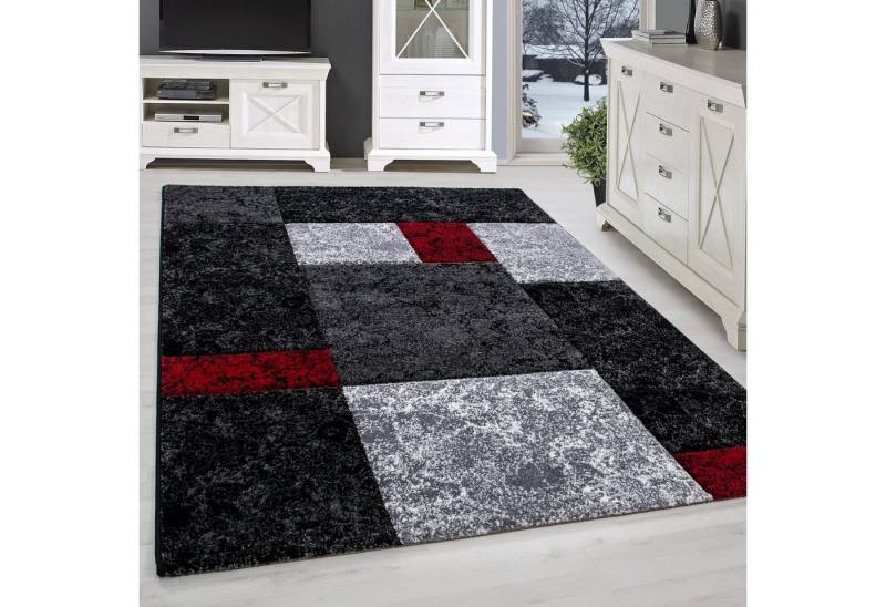 SIMPEX24 Teppich Kariert Design, Läufer, Höhe: 13 mm, Wohnzimmer Teppich Rot Kurzflor Konturenschnitt Kariert Design von SIMPEX24