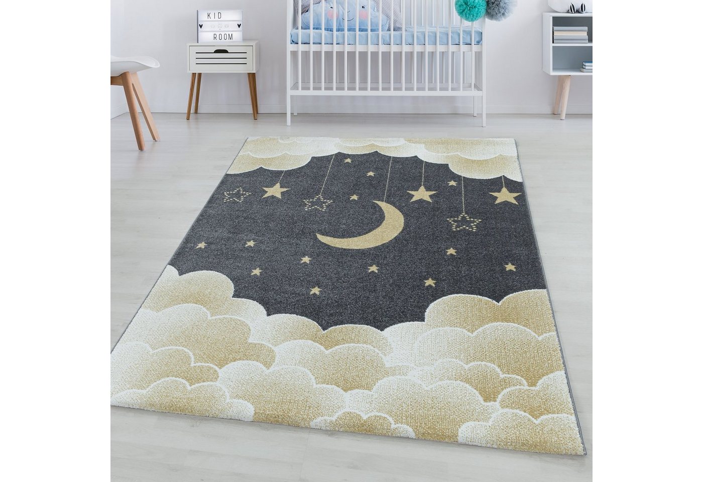 Teppich Mond- und Sterne Design, SIMPEX24, Rechteckig, Höhe: 11 mm, Teppich Kinderzimmer Mond- und Sterne Design Pflegeleicht von SIMPEX24