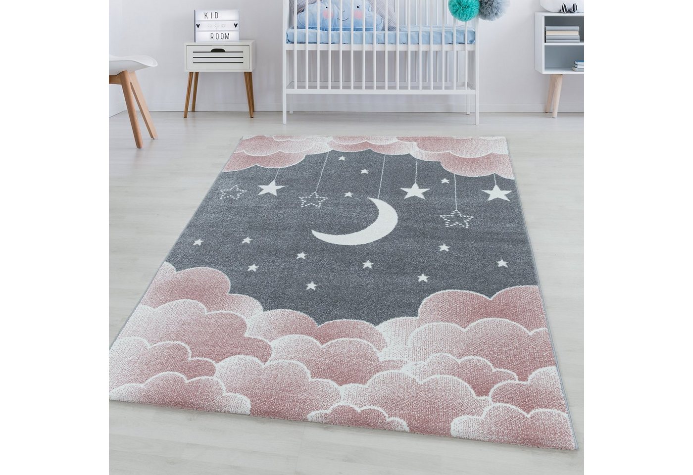 Teppich Mond- und Sterne Design, SIMPEX24, Rund, Höhe: 11 mm, Teppich Kinderzimmer Mond- und Sterne Design Pflegeleicht von SIMPEX24