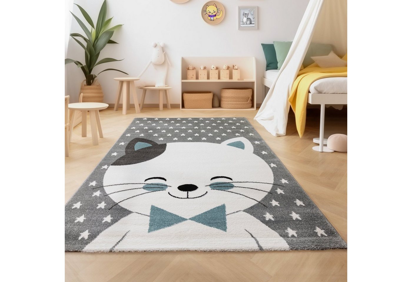 Teppich Niedliches Katze design, SIMPEX24, Läufer, Höhe: 11 mm, Kinderteppich Katze Design Blau Baby Teppich Kinderzimmer Pflegeleicht von SIMPEX24
