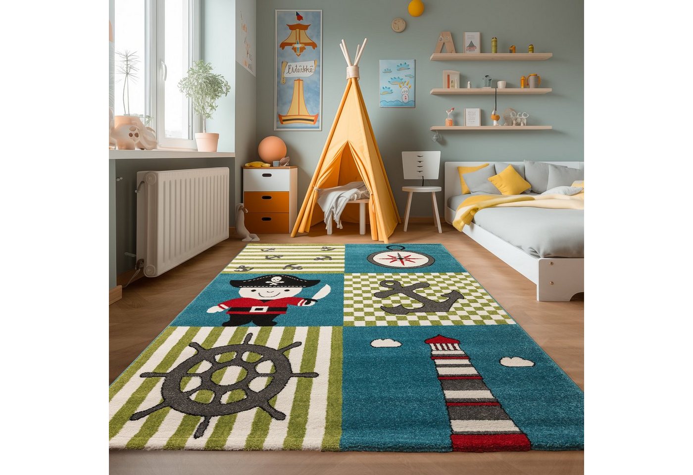 Teppich Piraten-Design, SIMPEX24, Läufer, Höhe: 11 mm, Kinderteppich Pirat-Design Bunt Baby Teppich Kinderzimmer Pflegeleicht von SIMPEX24