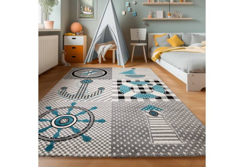 SIMPEX24 Teppich Piraten Design, Rund, Höhe: 11 mm, Kinderteppich Pirat Design Grau Baby Teppich Kinderzimmer Pflegeleicht von SIMPEX24