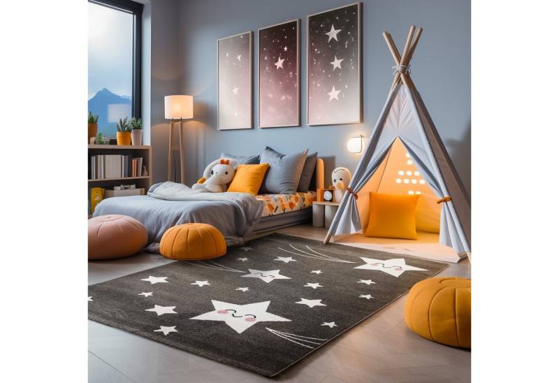SIMPEX24 Teppich Sterne Design, Läufer, Höhe: 11 mm, Kinderteppich Stern Design Grau Baby Teppich Kinderzimmer Pflegeleicht von SIMPEX24
