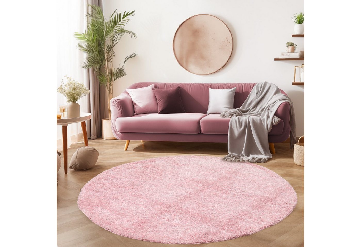 Teppich Unicolor - Einfarbig, SIMPEX24, Rund, Höhe: 30 mm, Modern Kurzflor Teppich Wohnzimmer Abstrakt Design Rosa Pflegeleicht von SIMPEX24