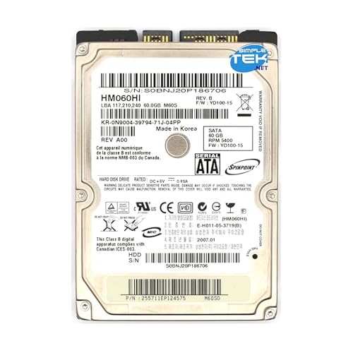 SIMPLETEK - 2,5" SATA 60GB Festplatte | 5400RPM, 8MB Cache, 3Gbps | Notebook und PC (Generalüberholt) von SIMPLETEK