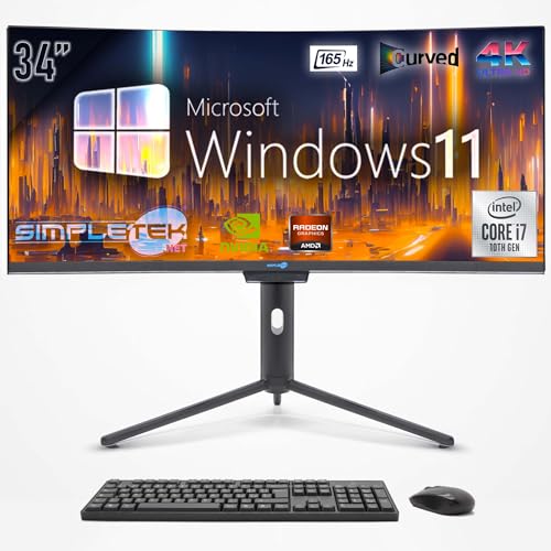 SIMPLETEK - Computer All in One 34" Curved Bildschirm 4K 165Hz für Gaming, Grafik, Core i7 10. Generation | Windows 11 Pro | GPU RX550 4GB | 4GB RAM SSD 240GB | 2K Webcam | BT 5.2 von SIMPLETEK
