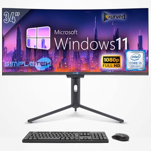 SIMPLETEK - PC All in One Curved Bildschirm 34" Wide | Core i3 8. Generation | Windows 11 Pro | 4GB RAM | SSD 120GB | Integrierte 2K Webcam | WiFi 6 und BT 5.2 von SIMPLETEK