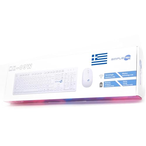 Simpletek - Kit Maus & Tastatur Wireless 2.4G Layout GR Griechisch | Greek Tastatur QWERTY mit numerischer Tastatur Ergonomische Maus 3 Tasten USB-Empfänger von SIMPLETEK