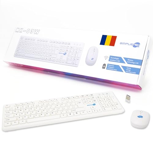 Simpletek - Kit Maus & Tastatur Wireless 2.4G Layout RO Romänisch | Romanische Tastatur QWERTZ mit numerischer Tastatur Ergonomische Maus 3 Tasten USB-Empfänger von SIMPLETEK