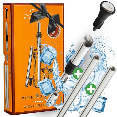 SIMPLEX DOMO Weinkühlstab Set – Edelstahl Ausgießer & 2x Weinkühlerstab, inkl. Verlängerung & Flaschenverschluss, Elegante Geschenkbox – Für langanhaltenden Weingenuss von SIMPLEX DOMO