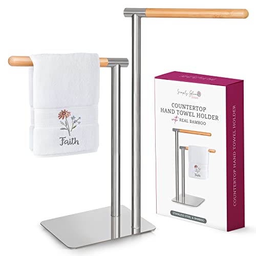 Badezimmer Theke Handtuchhalter - Doppelter Handtuchhalter für Badezimmertheke, 304 Edelstahl und Bambus Handtuchhalter, L-förmiger Handtuchhalter für 2 Handtücher mit Anti-Rutsch-Pads von SIMPLY GLAMR