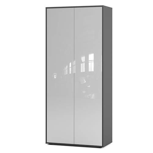 SIMPLYFURN Büroschrank Amira T00, geschlossener Schrank mit 2 großen Türen, Anthrazit & Weiß Hochglanz, Push-to-Open, 180x80x40 cm, Aktenschrank für Büro und Homeoffice von SIMPLYFURN