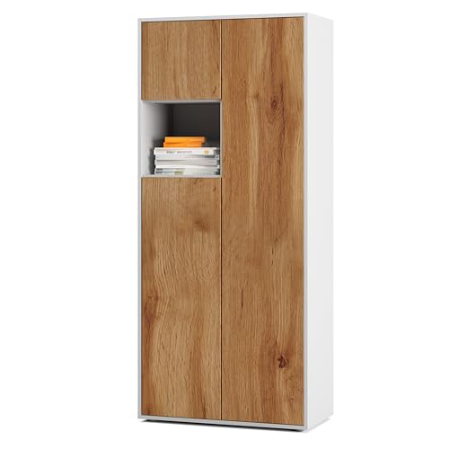 SIMPLYFURN Büroschrank Amira T10 | Aktenschrank & Mehrzweckschrank mit offenem Fach | Weiß & Eiche Wotan | Push-to-Open | 180x80x40 cm | Modern für Büro & Homeoffice von SIMPLYFURN