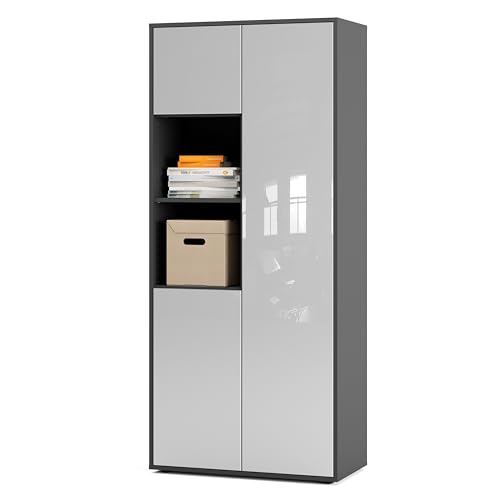 SIMPLYFURN Büroschrank Amira T20, Schrank mit Zwei offenen Fächern, Anthrazit & Weiß Hochglanz, Push-to-Open, 180x80x40 cm, Aktenschrank für Büro und Homeoffice von SIMPLYFURN
