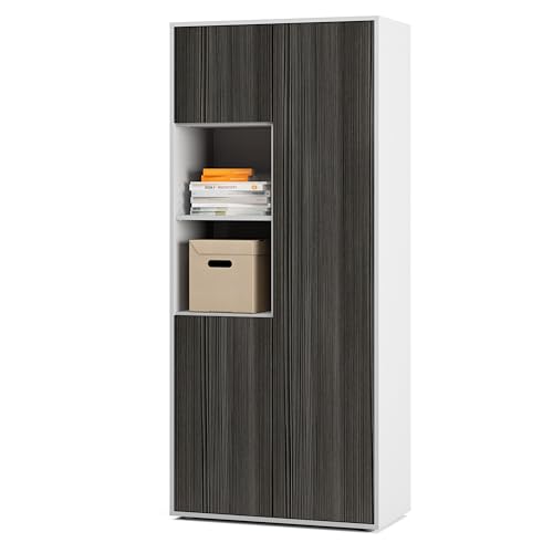 SIMPLYFURN Büroschrank Amira T20 | mit 2 offenen Fächern | Aktenschrank & Mehrzweckschrank in Korpus Weiß & Front Avola Anthrazit | Push-to-Open | 180x80x40 cm von SIMPLYFURN