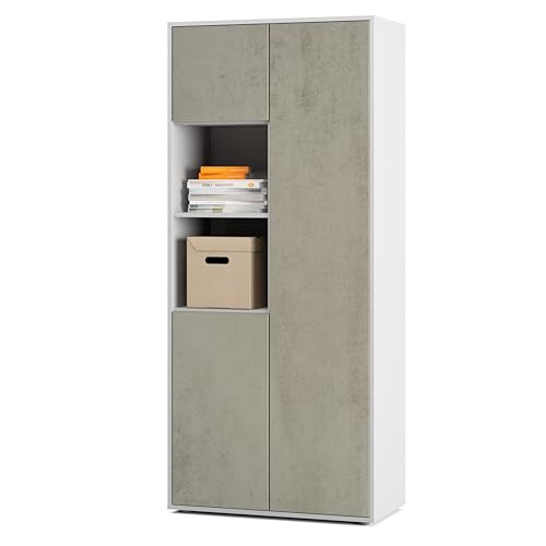 SIMPLYFURN Büroschrank Amira T20 | mit 2 offenen Fächern | Aktenschrank & Mehrzweckschrank in Korpus Weiß & Front Beton Oxid | Push-to-Open | 180x80x40 cm von SIMPLYFURN