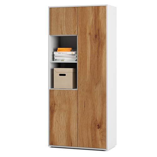 SIMPLYFURN Büroschrank Amira T20 | mit 2 offenen Fächern | Aktenschrank & Mehrzweckschrank in Korpus Weiß & Front Eiche Wotan | Push-to-Open | 180x80x40 cm von SIMPLYFURN