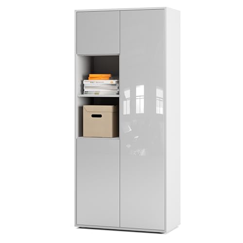 SIMPLYFURN Büroschrank Amira T20 | mit 2 offenen Fächern | Aktenschrank & Mehrzweckschrank in Korpus Weiß & Front Weiß Hochglanz | Push-to-Open | 180x80x40 cm von SIMPLYFURN