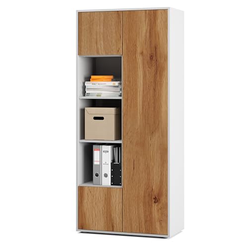 SIMPLYFURN Büroschrank Amira T30 | Aktenschrank & Mehrzweckschrank in Weiß & Eiche Wotan | 3 offene Fächer | Push-to-Open | 181x80x40 cm | für Homeoffice & Büro von SIMPLYFURN