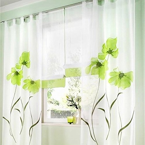 ANGEL BUD 1 Stück Gardinenschal - Schlaufenschal Transparent Gardine Print Blumen - Vorhang für Schlafzimmer, Balkon und Wohnzimmer, Breite 150 cm, Hoch 225 cm, Grün von SIMPVALE