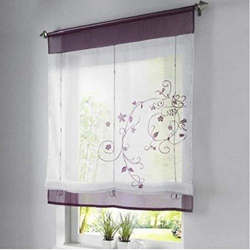 SIMPVALE 1 Flächen-Raffrollo mit Stangentasche – Zum Festbinden, durchscheinende Blumen bestickt – Voile-Vorhänge Fensterdekoration für Küche Balkon (Breite 60 cm/Länge 140 cm, Lila) von SIMPVALE