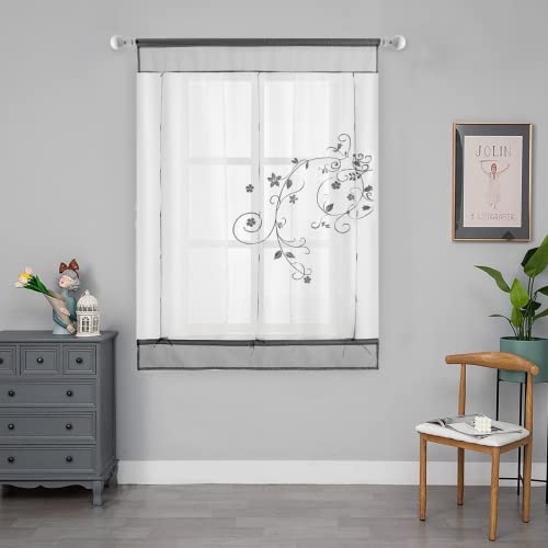 SIMPVALE 1 Flächen-Raffrollo mit Stangentasche – Bindung durchscheinend Blumen bestickt – Voile Vorhänge Fensterdekoration für Küche Balkon (Breite 120 cm/Länge 140 cm, Grau) von SIMPVALE