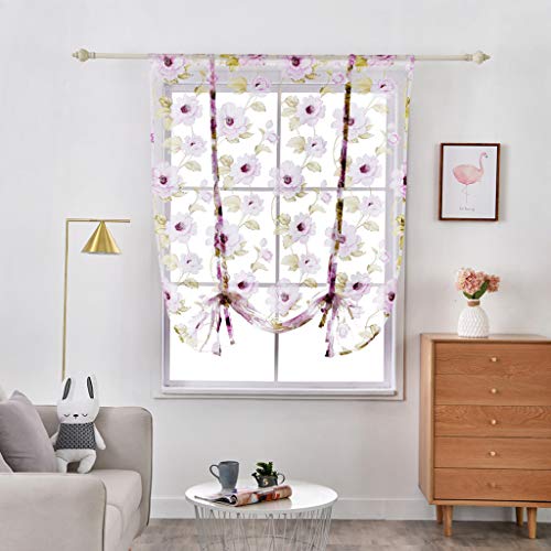 SIMPVALE 1 Stück Tüll Raffrollo mit Stange Tasche Blumen Druck Durchscheinend Raffgardine Raffgardine Raffgardine für Küche Balkon Arbeitszimmer Zimmer, 002# Purple, Width 140cm / Height 140cm von SIMPVALE