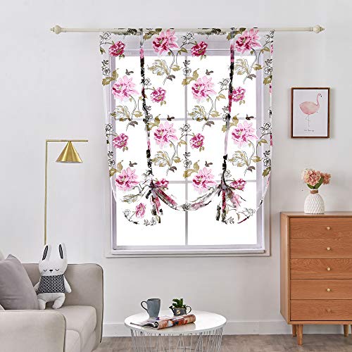SimpVALE 1 Stück Tüll Raffrollo mit Stange Tasche Blumen Druck Durchscheinend Raffgardine Raffgardine Raffgardine für Küche Balkon Arbeitszimmer Zimmer, 615# Pink, Width 100cm / Height 140cm von SIMPVALE