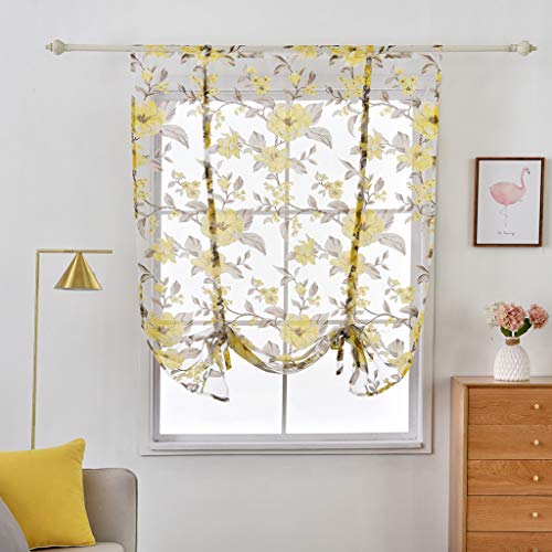 SIMPVALE 1 Stück Tüll Raffrollo mit Stange Tasche Blumen Druck Durchscheinend Raffgardine Raffgardine Raffgardine für Küche Balkon Arbeitszimmer Zimmer, 919# Yellow, Width 80cm / Height 120cm von SIMPVALE