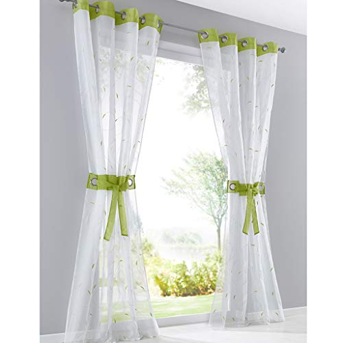 SIMPVALE 2 Stück Vorhänge Chiffon mit Ösen Stickerei Blätter Tüll Tür Fenster Vorhang Balkon Vorhang für Wohnzimmer Breite 140 cm, Polyester, Grün, Höhe 245cm von SIMPVALE
