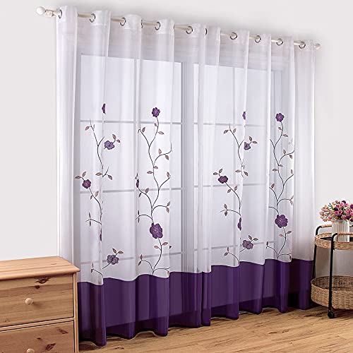 SIMPVALE 2 Stücks Sheer Vorhang Voile Blumen Stickerei Vorhänge mit Ösen Transparent Gardine Wohnzimmer Schlafzimmer Lila 140×175cm (B×H) von SIMPVALE