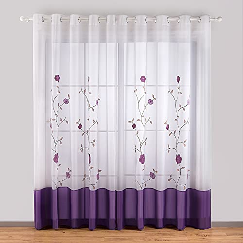 SIMPVALE 2 Stücks Sheer Vorhang Voile Blumen Stickerei Vorhänge mit Ösen Transparent Gardine Wohnzimmer Schlafzimmer Lila 140×260cm (B×H) von SIMPVALE