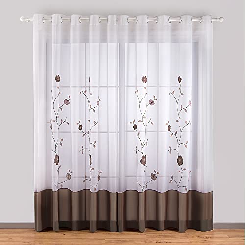 SIMPVALE 2 Stücks Sheer Vorhang Voile Blumen Stickerei Vorhänge mit Ösen Transparent Gardine Wohnzimmer Schlafzimmer Braun 140×260cm (B×H) von SIMPVALE